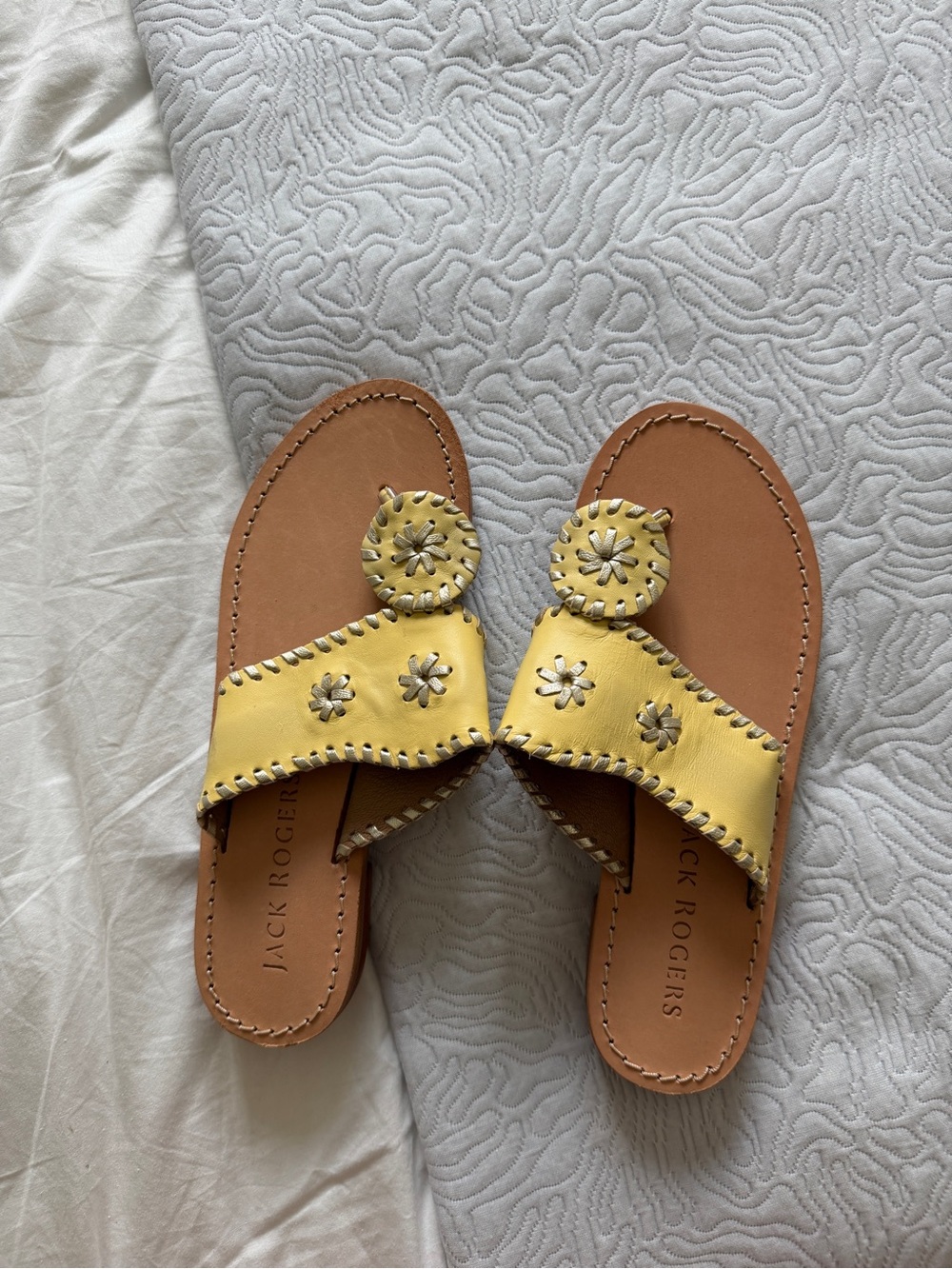 Jack Rogers Yellow Leather Slide Sandals with Floral Medallions